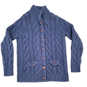 Land's End Women's Cable Knit‎ Faux Leather Button Up Cardigan Blue size Medium